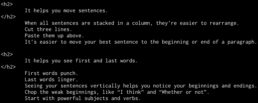 screenshot of text with one sentence per line